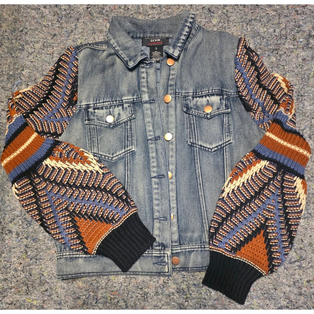 848 Flying Tomato Denim Jacket Knit Balloon Sleeve Boho Southwestern Blue Small